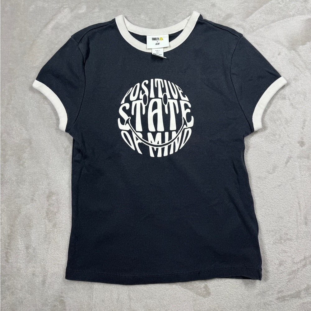 Smiley X H&M Positive State Of Mind 100% Cotton Ringer T-Shirt Girls Size Small